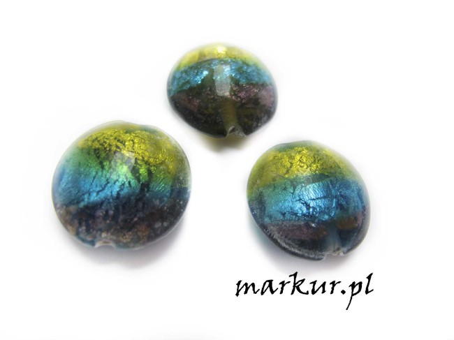 Koraliki szklane żółto_turkusowo_ametystowe moneta 20 mm 